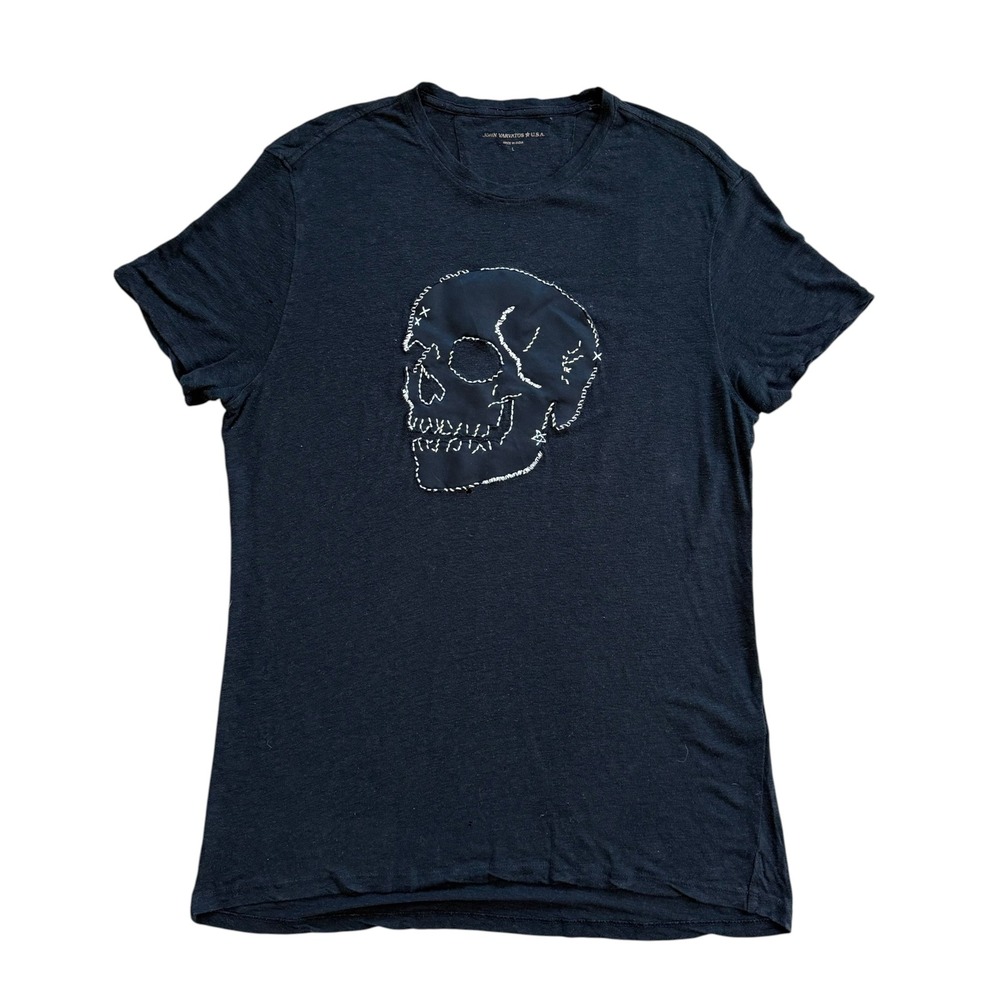 John Varvatos USA Mens Skull Patch Linen Blend T-Shirt Black Large